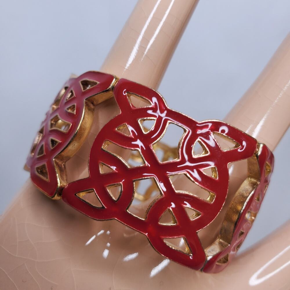 Vintage Bracelet Red Enamel Inlay w/ Gold Tone Stretchy